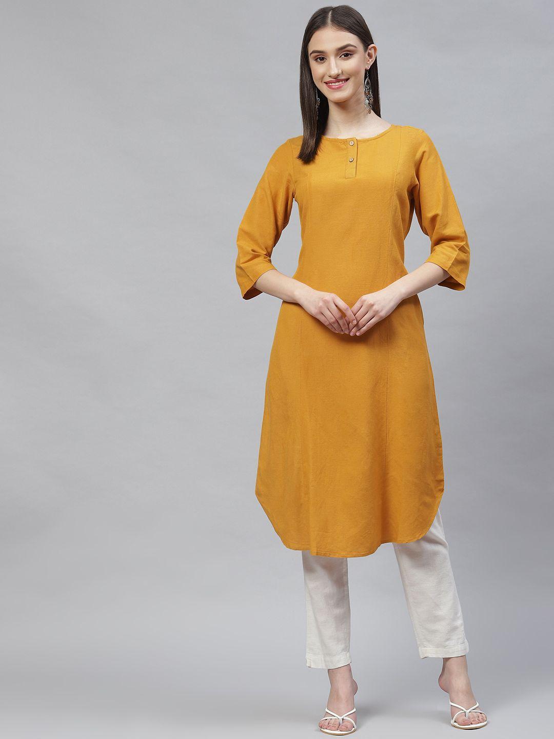 ayaany women mustard yellow solid boat neck kurta