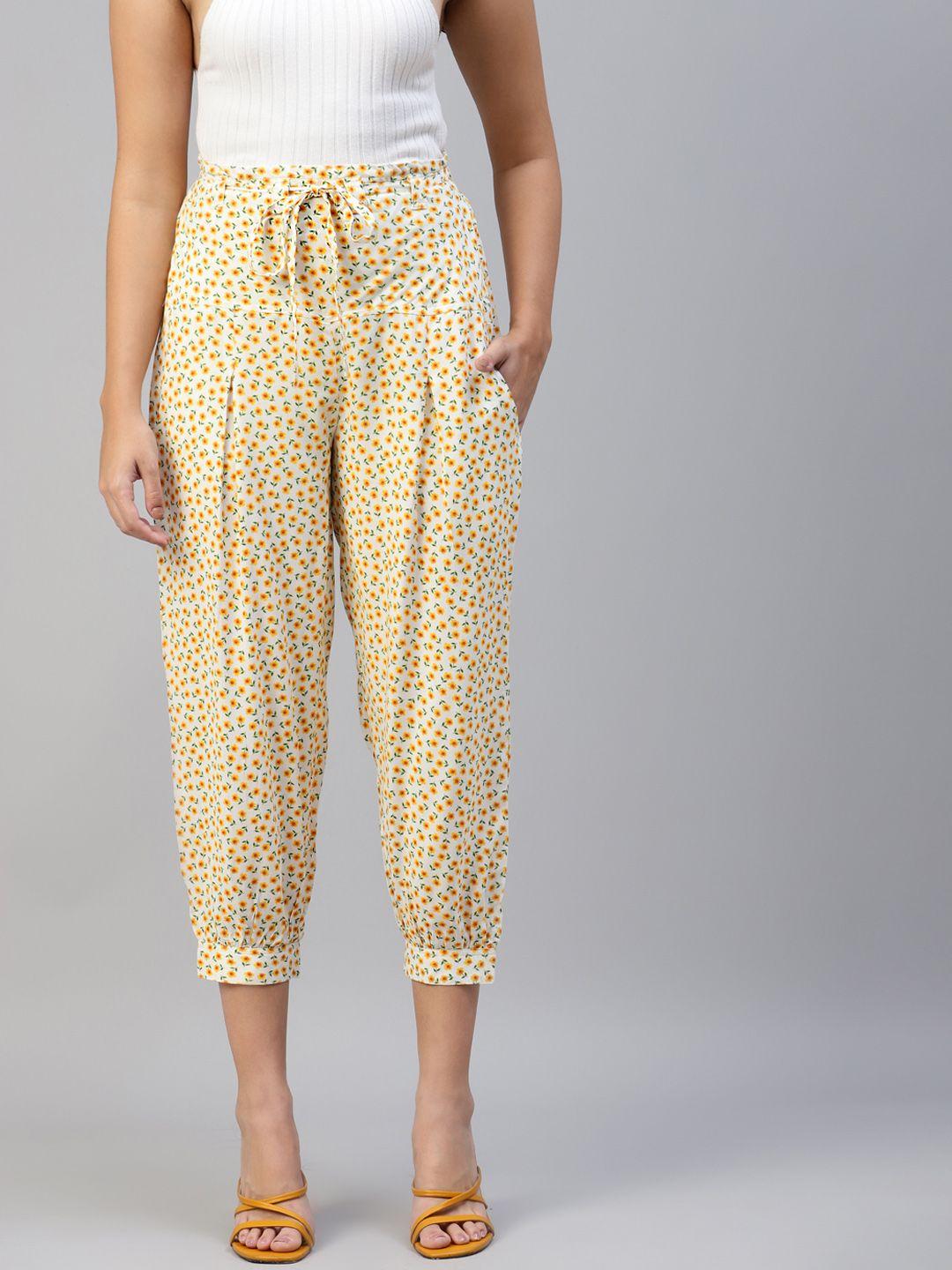 ayaany women white & yellow floral printed harem pants