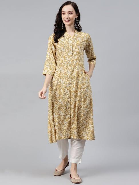 ayaany yellow printed a line kurta