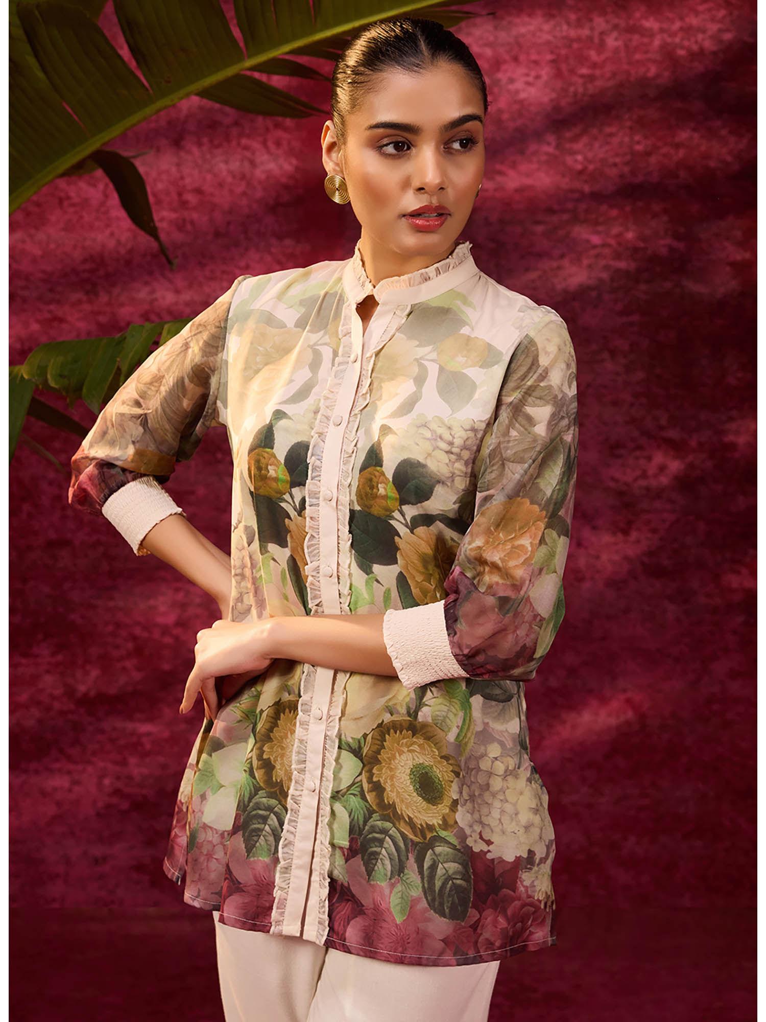 ayeza green printed crepe shirt for women