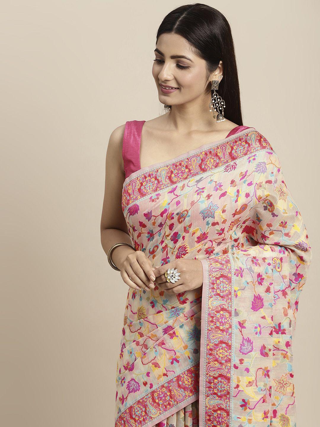 ayka clothings cream-coloured floral pure cotton patola saree