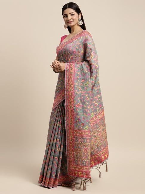 ayka clothings grey cotton woven saree with unstitched blouse