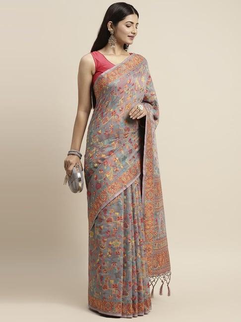 ayka clothings grey cotton woven saree with unstitched blouse