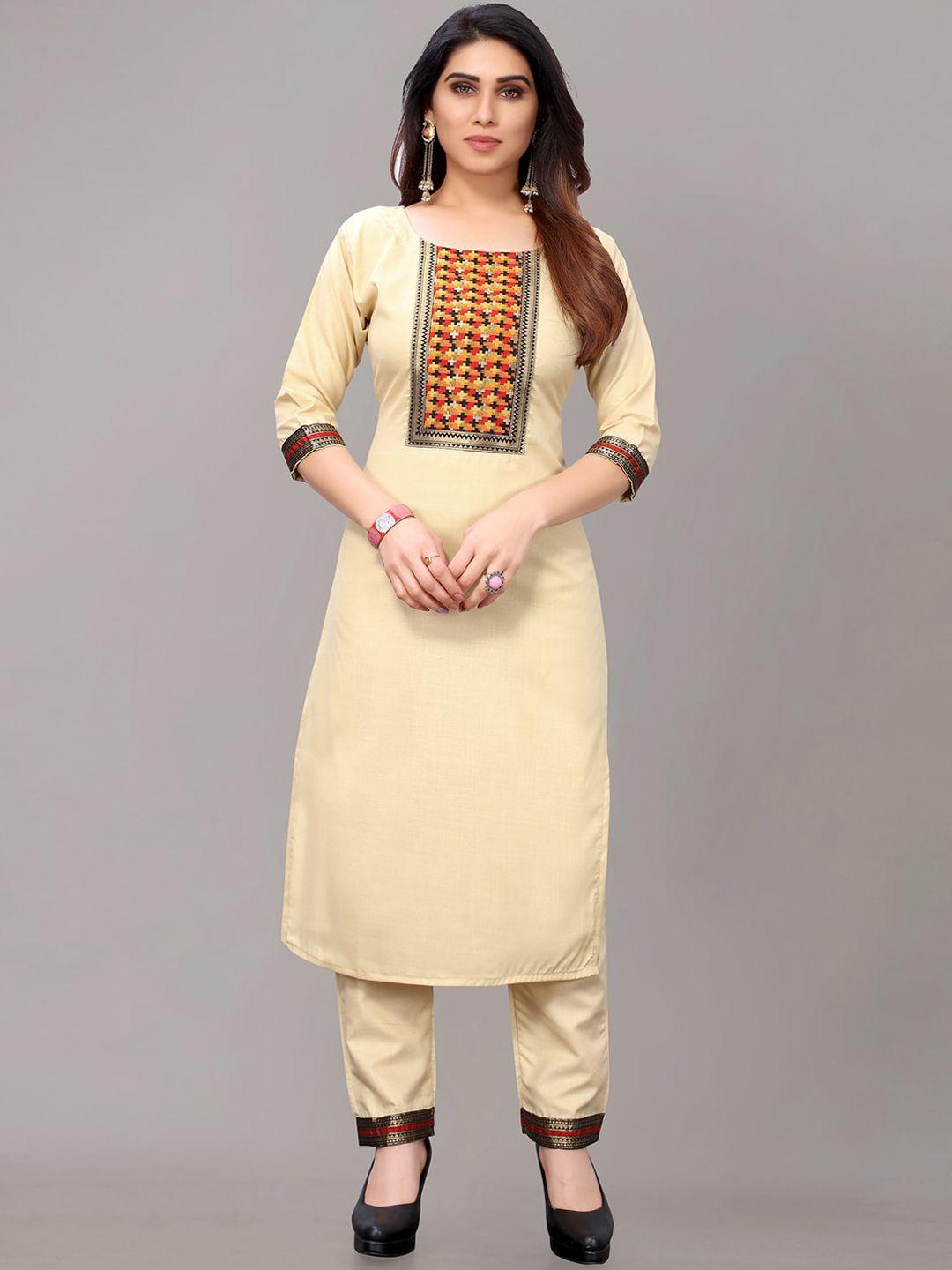 ayka clothings women beige layered patchwork kurta with trousers