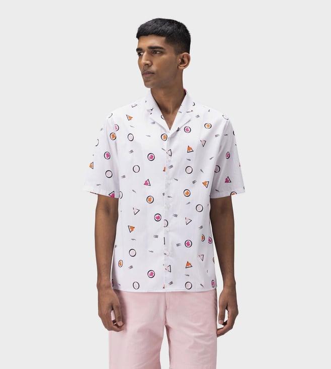 ayurganic white floral iconography mens shirt with cuban collar