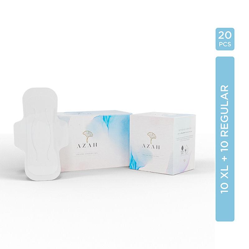 azah rash free organic sanitary pads : box of 20 pads (10xl + 10 regular - without disposal bags)