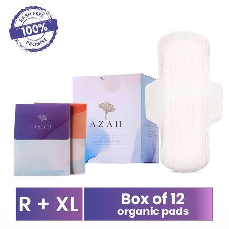 azah rash-free organic sanitary pads (box of 12 pads : 8 regular + 4 xl - with disposal bags)