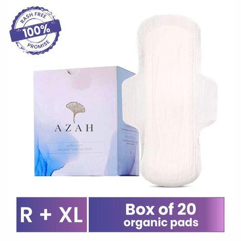 azah rash-free organic sanitary pads (box of 20 pads : 10 regular + 10 xl - without disposable bags )