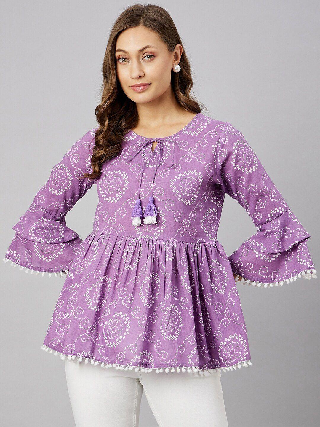 azira bandhani printed tie-up neck bell sleeve pleated a-line pure cotton top