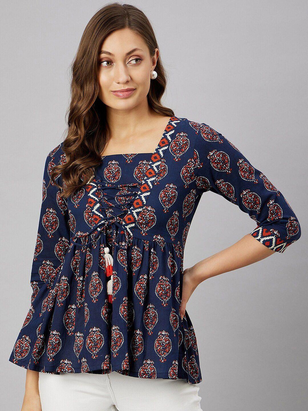 azira ethnic motifs printed tie-up detail pleated a-line pure cotton top