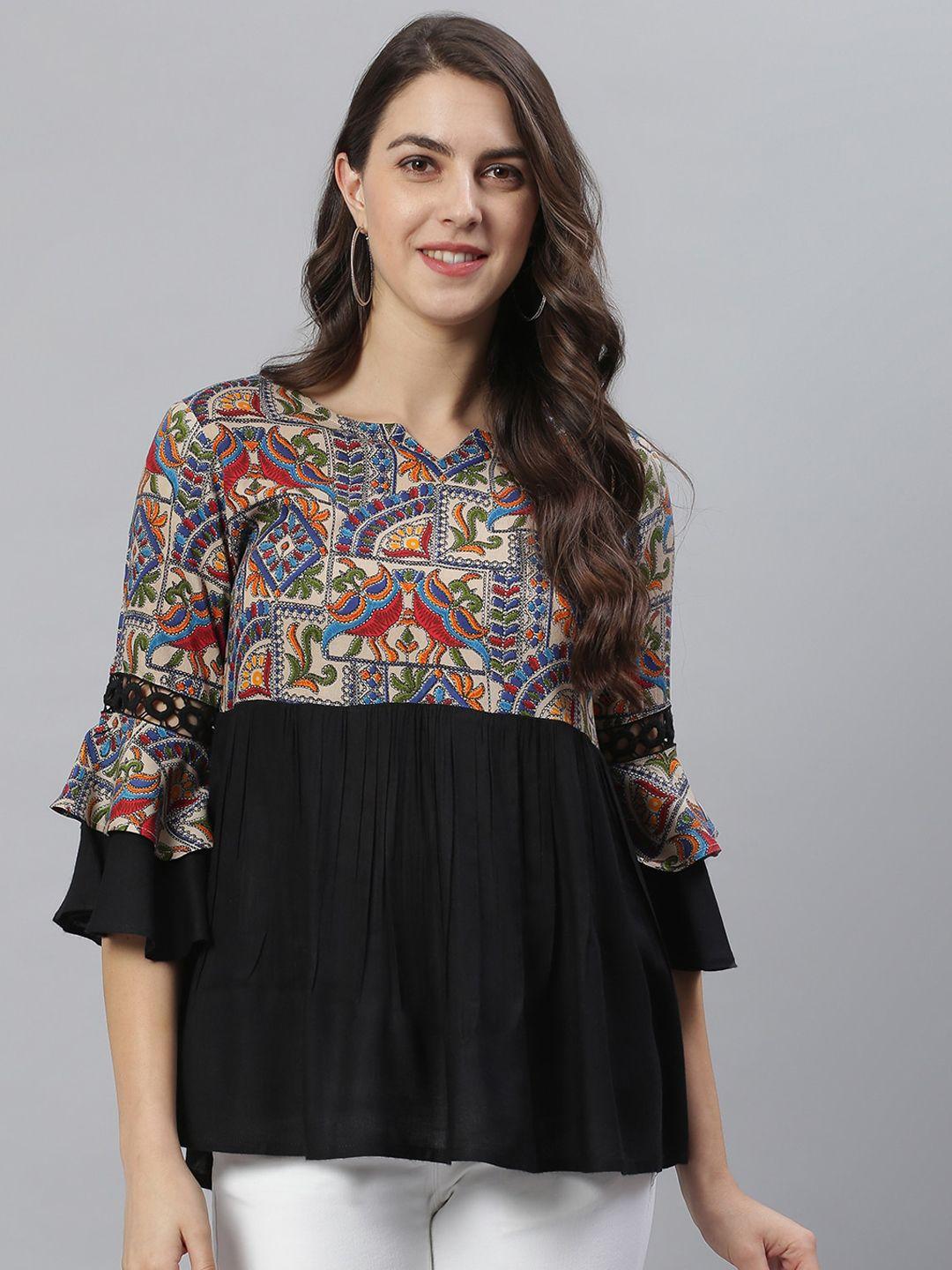 azira multicoloured ethnic motifs print bell sleeves a-line top