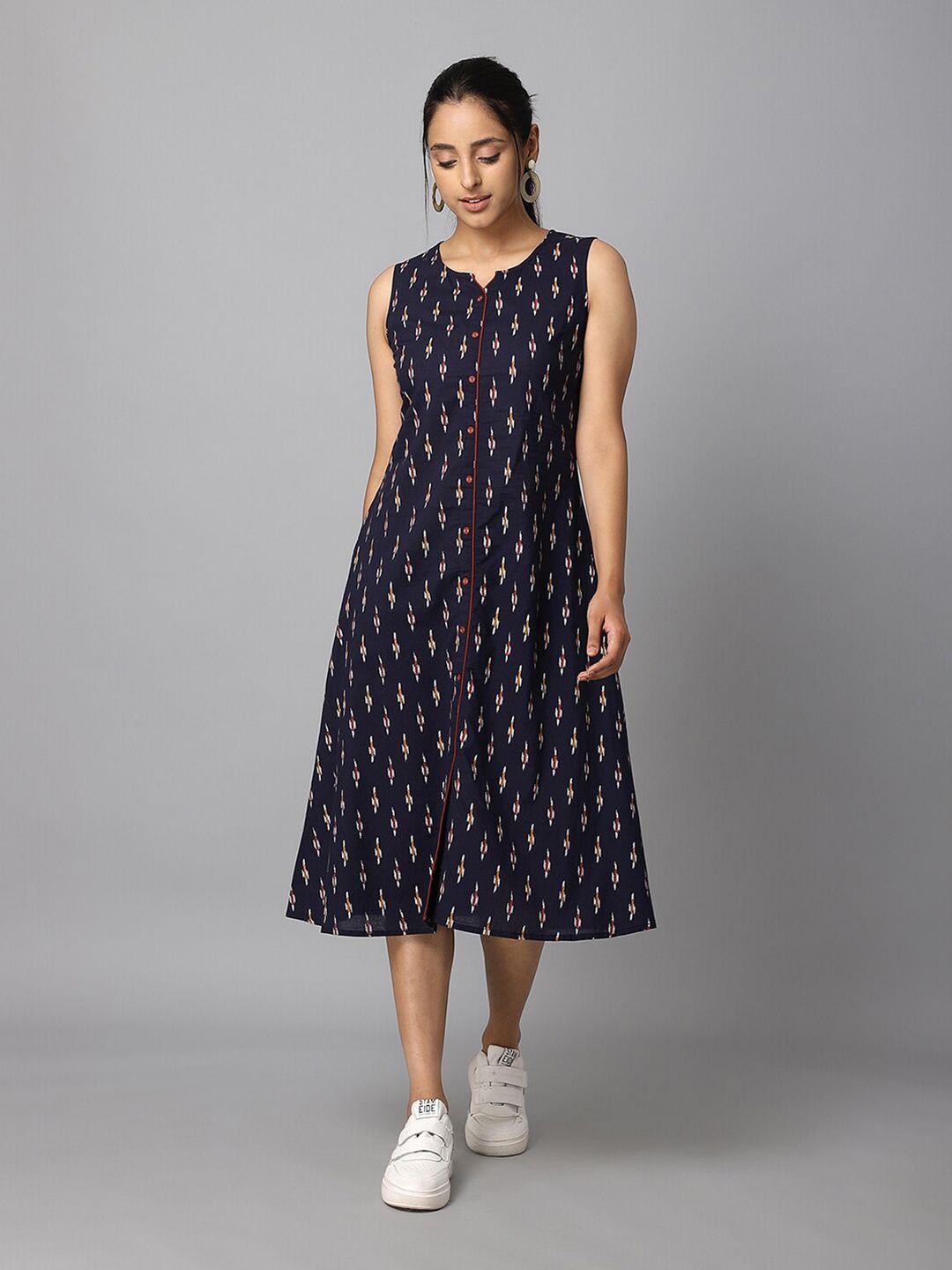 azira navy blue ikkat print a-line regular fit cotton midi dress