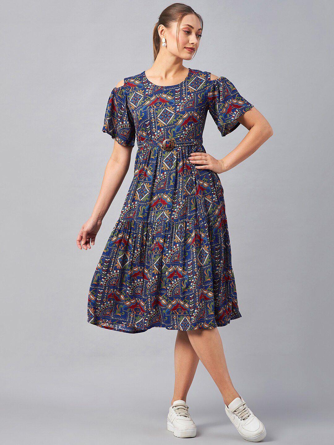 azira printed cold-shoulder fit & flare ethnic midi dress