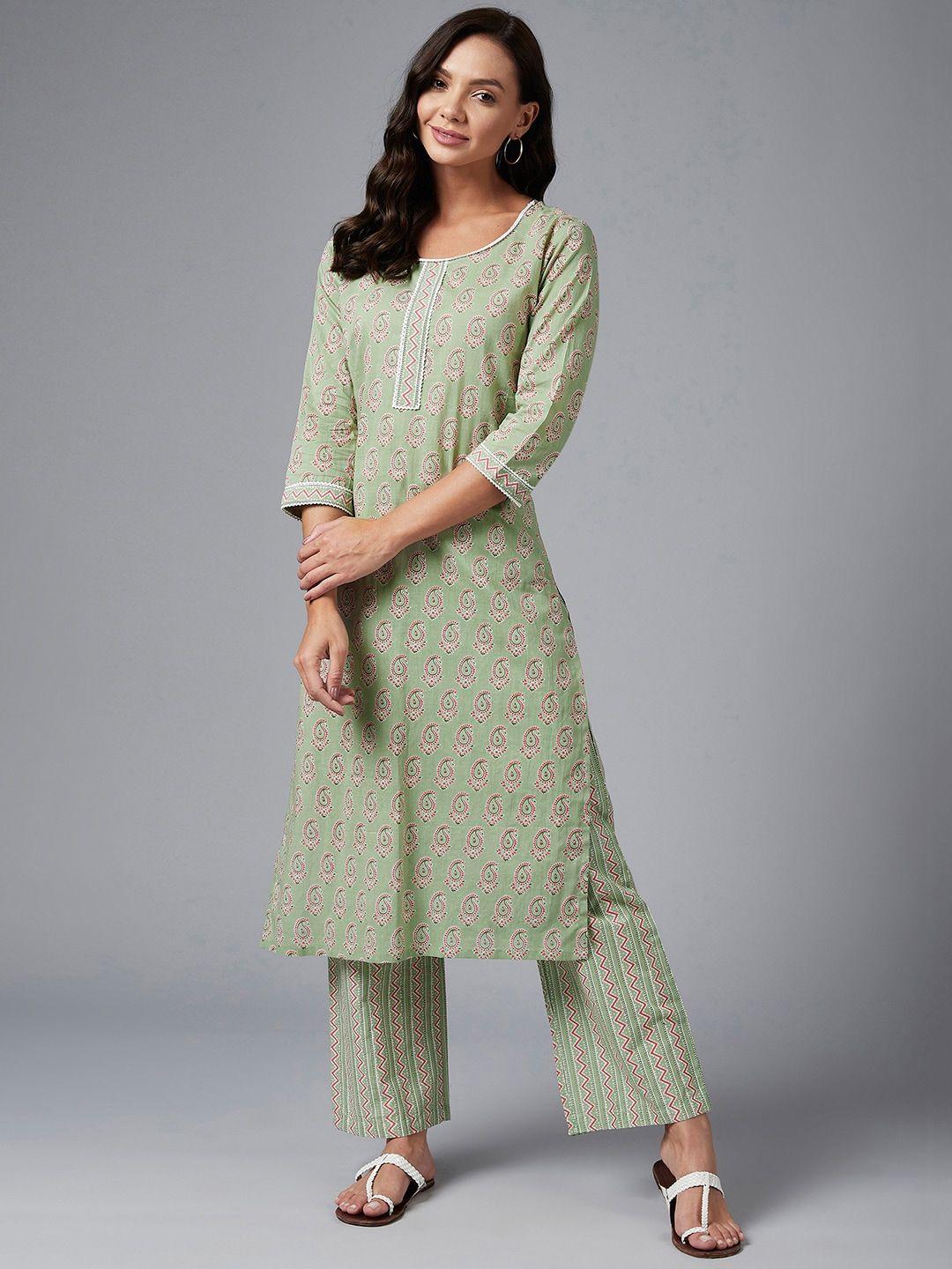 azira women green ethnic motifs printed pure cotton kurta with trousers