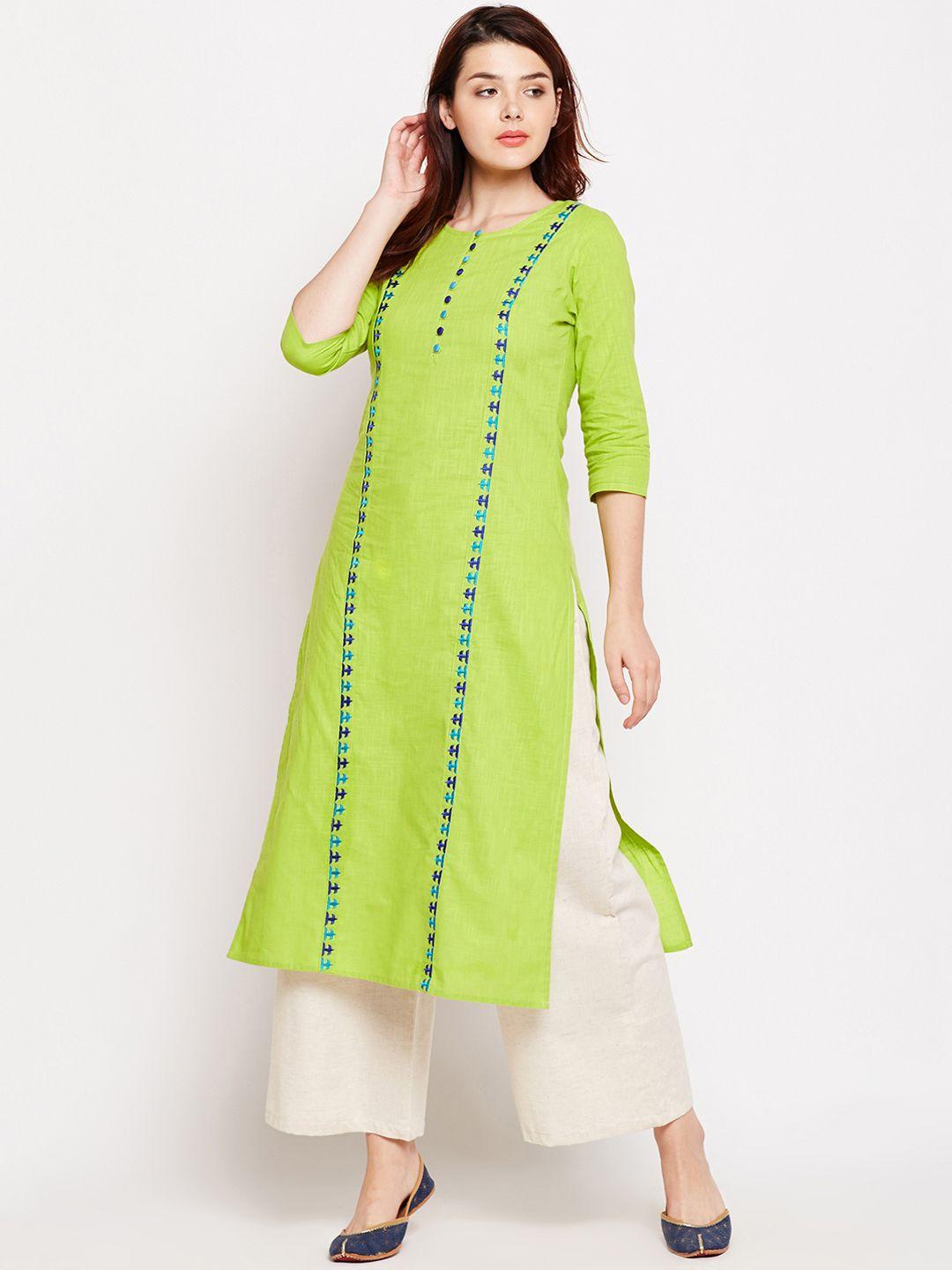 azira women lime green embroidered straight kurta