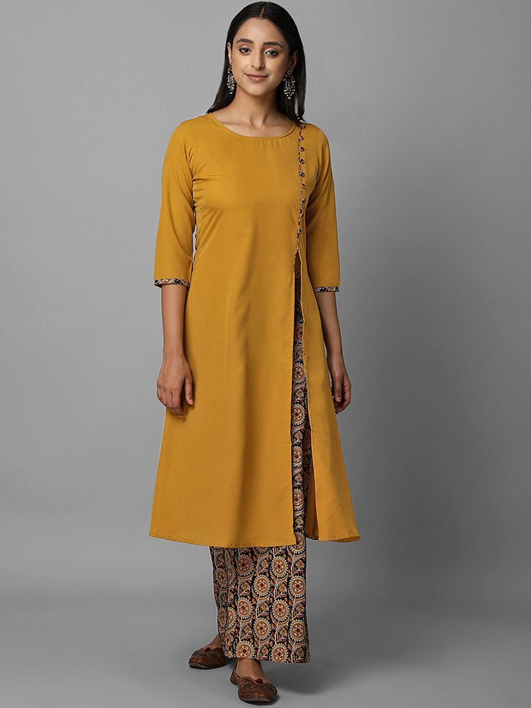 azira women mustard yellow high slit kurta with palazzos