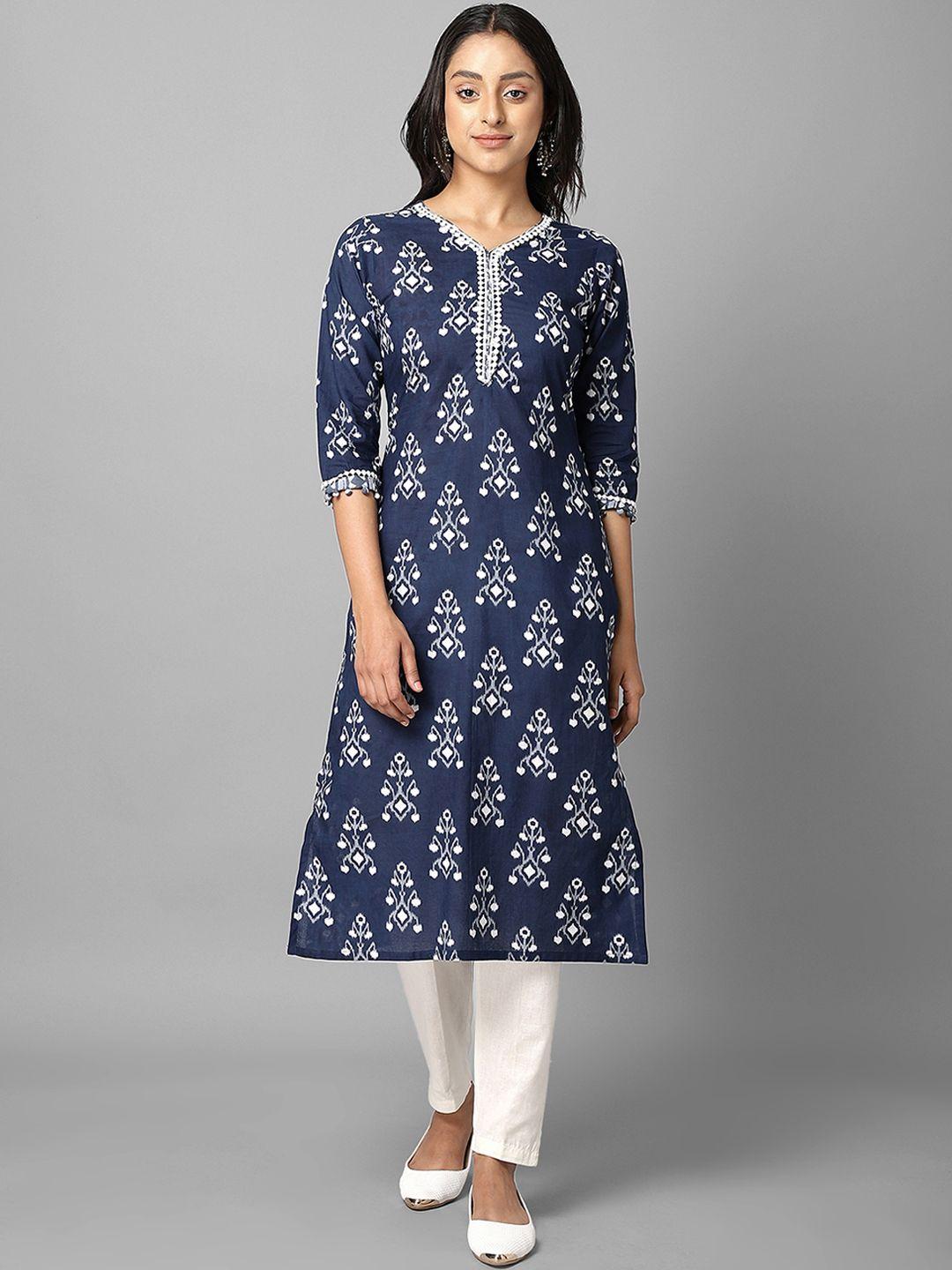 azira women navy blue & off white geometric printed kurta