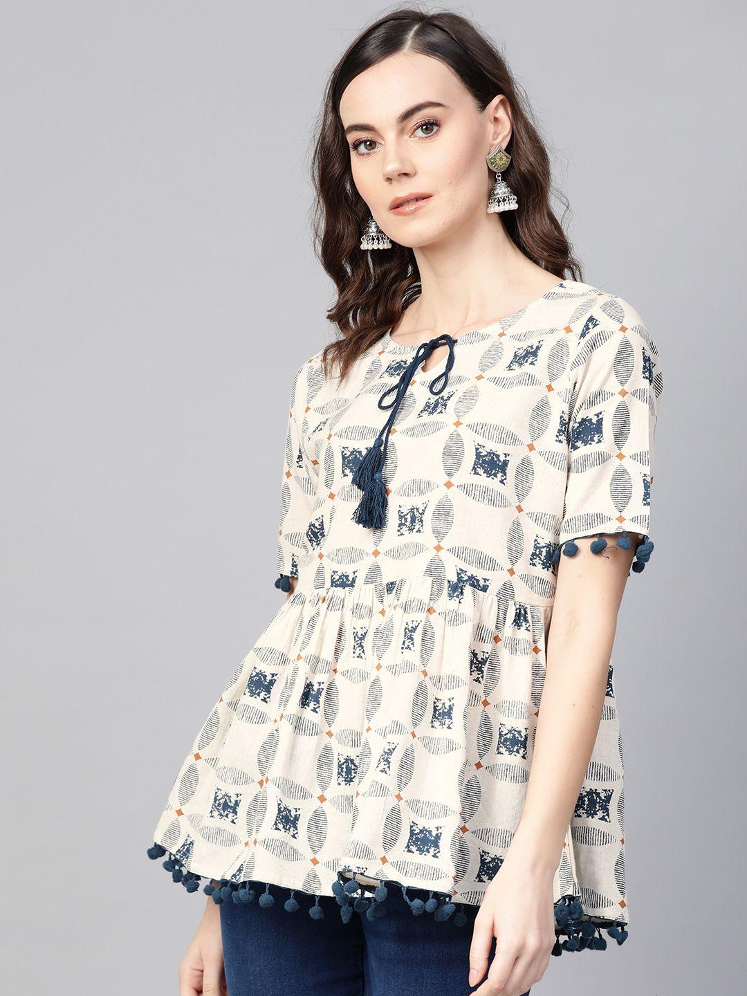 azira women off-white & navy printed a-line top