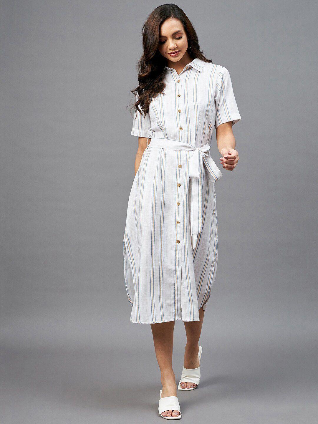 azira women off-white striped shirt midi dress