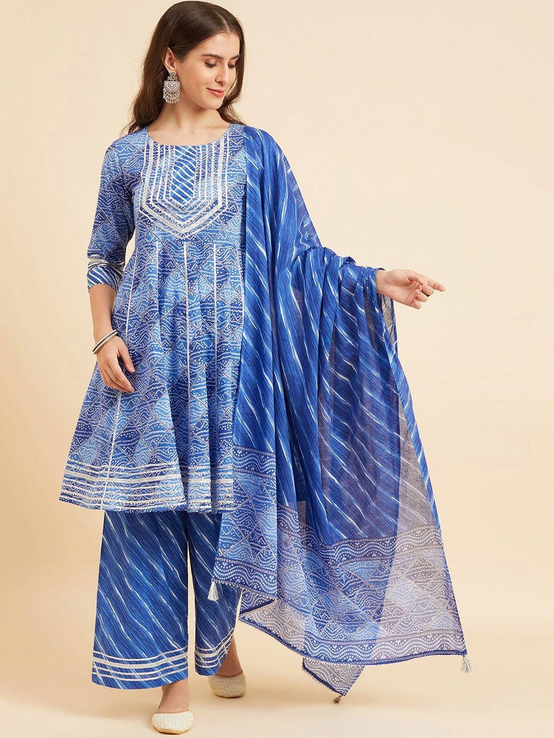 azira bandhani printed gotta patti pure cotton anarkali kurta with palazzos & dupatta