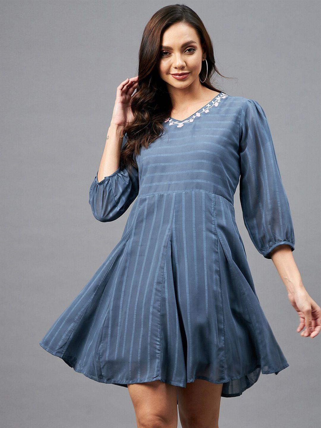 azira blue striped georgette embroidered  a-line dress