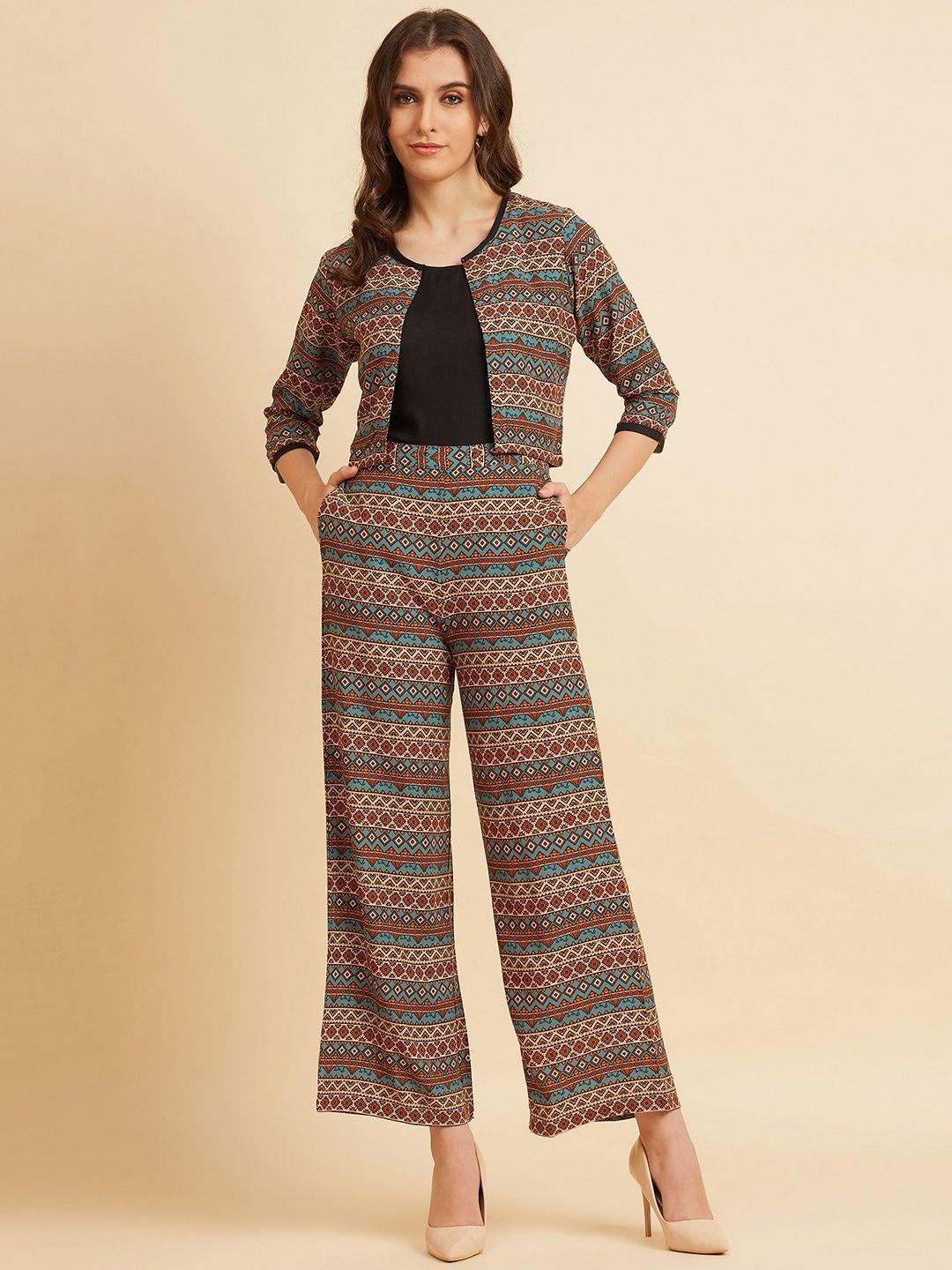 azira ethnic motif printed front open coat with trouser co-ords