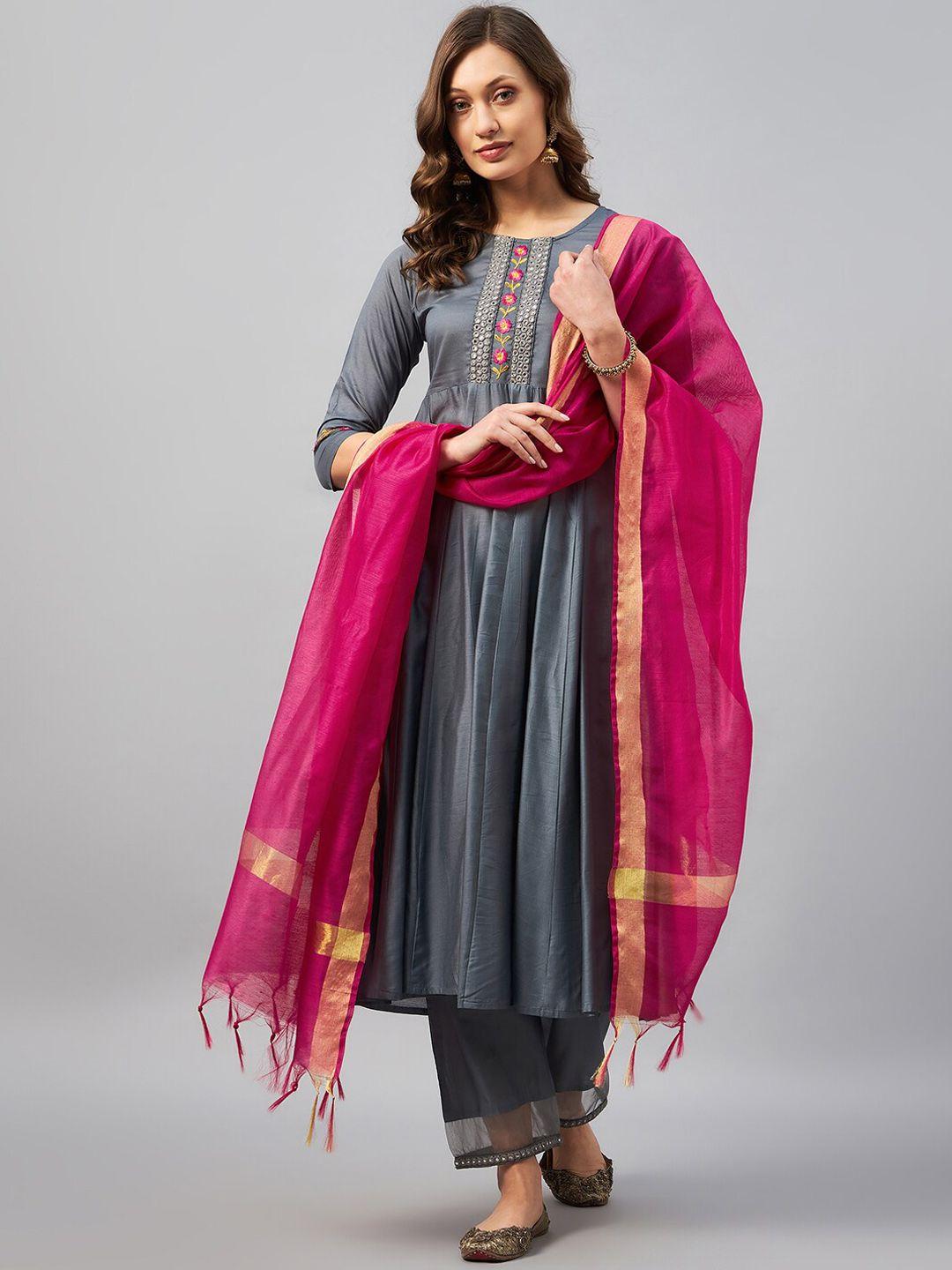 azira ethnic motifs embroidered pleated mirror work kurta with trousers & dupatta