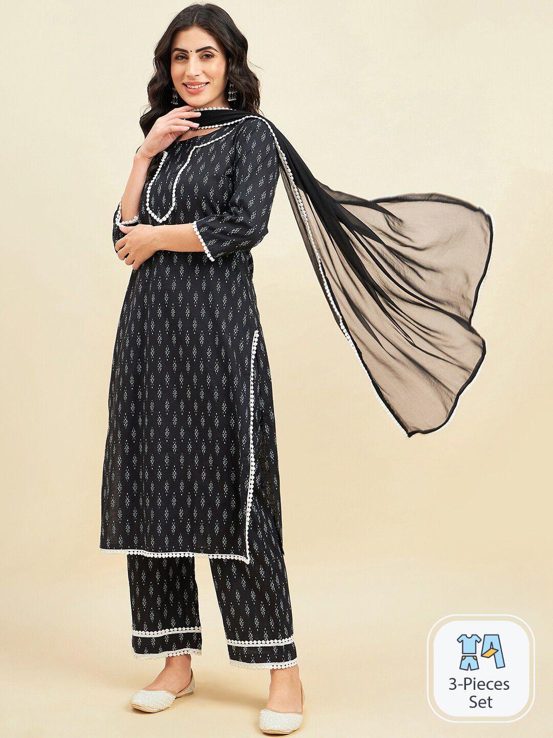 azira ethnic motifs printed pure cotton straight kurta with palazzos & dupatta