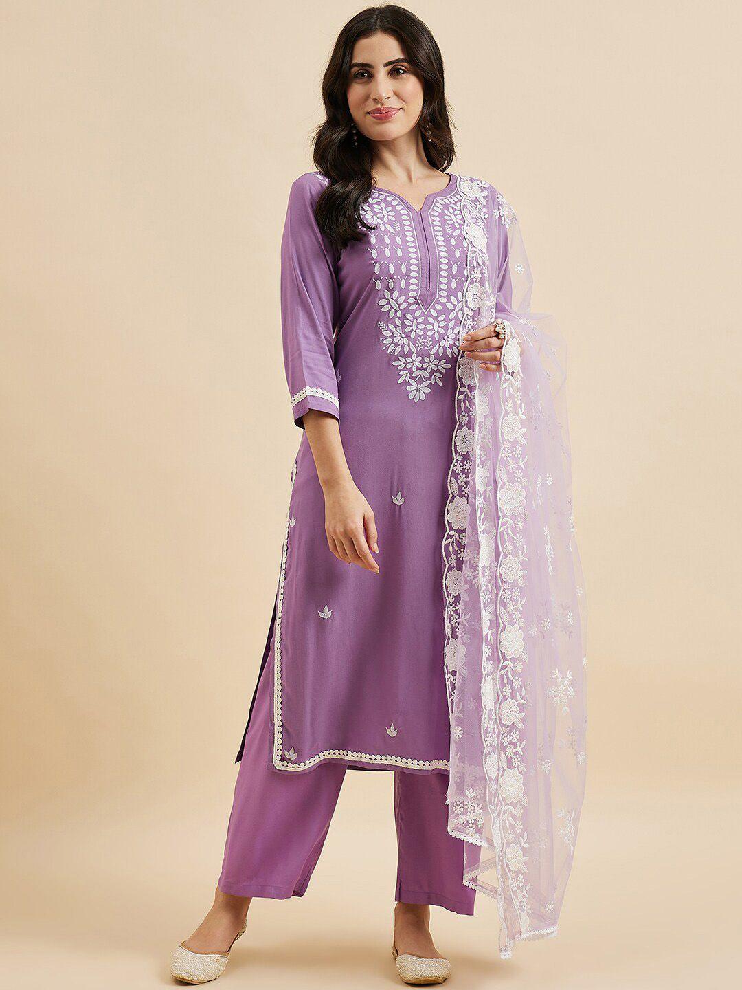 azira floral embroidered notch neck thread work kurta with palazzos & dupatta