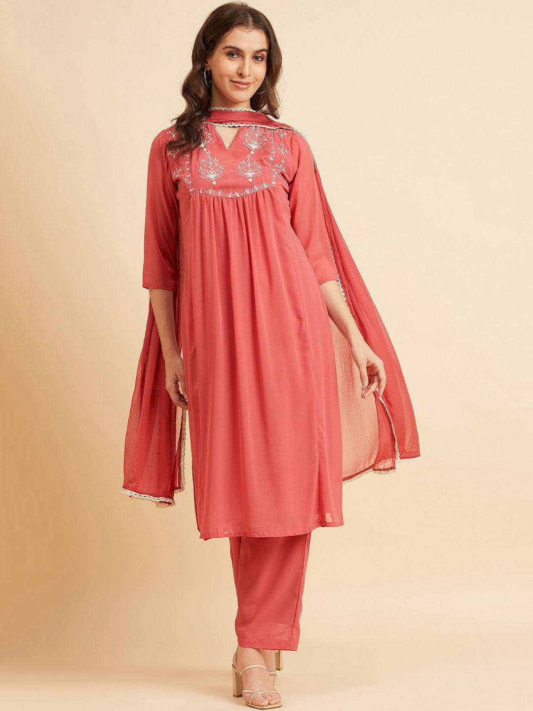 azira floral embroidered thread work a-line kurta with trousers & dupatta