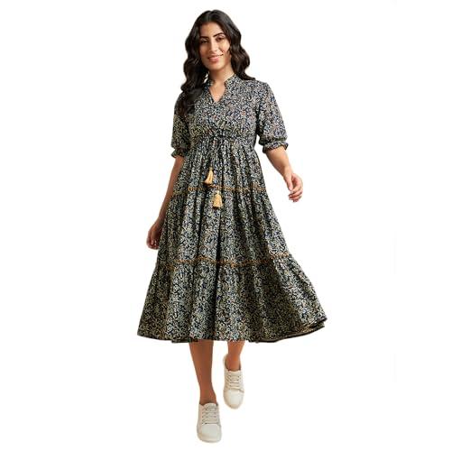 azira floral printed cotton flared dress blue
