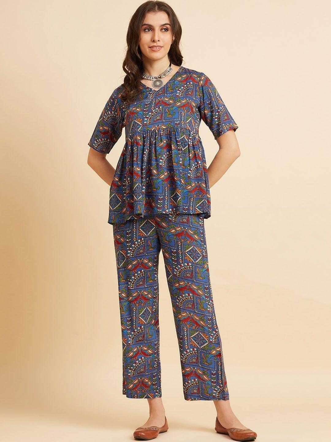 azira printed v-neck tunic with trouser co-ords