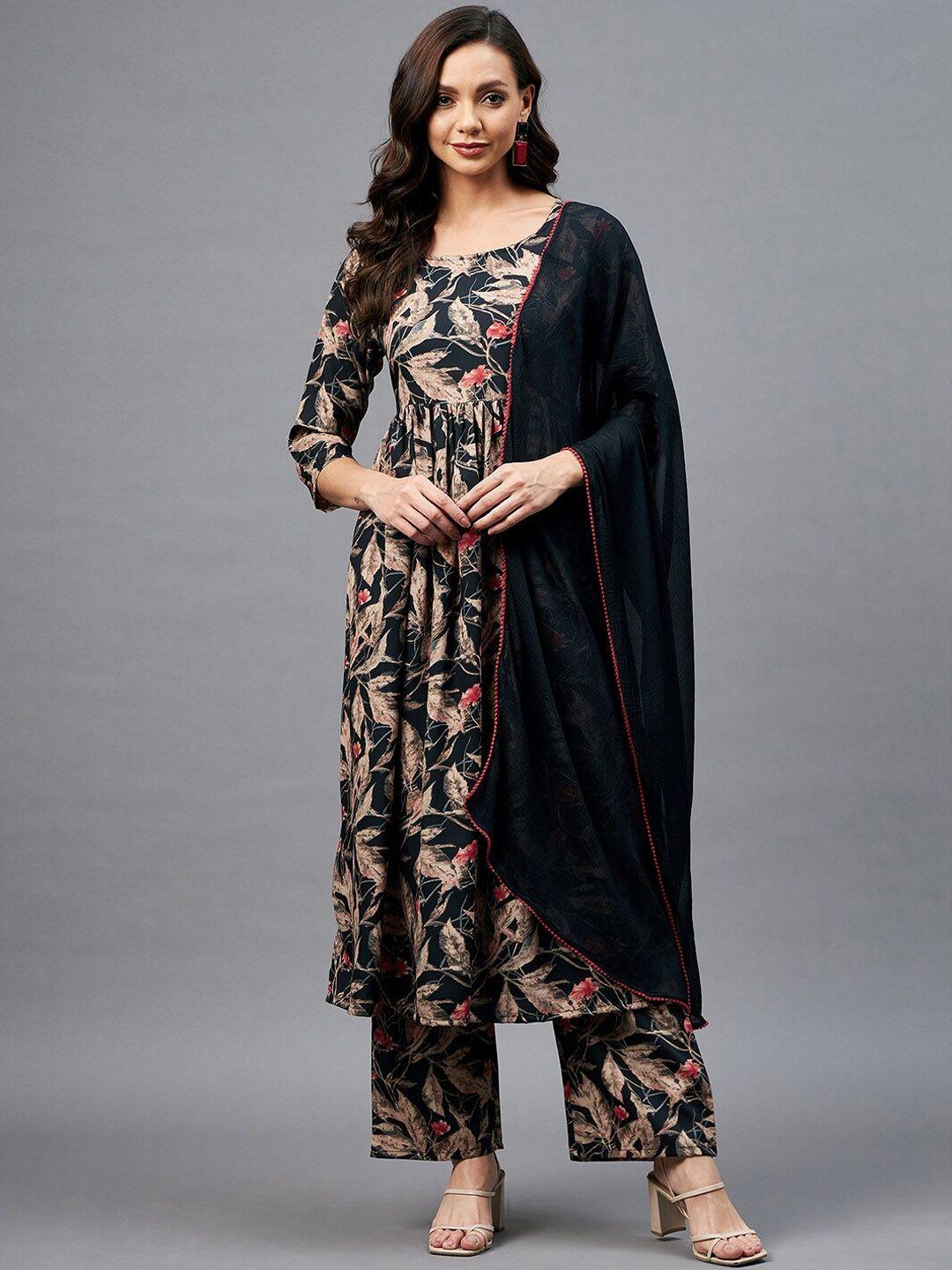 azira women black & beige ethnic motifs printed empire kurta with palazzos & with dupatta