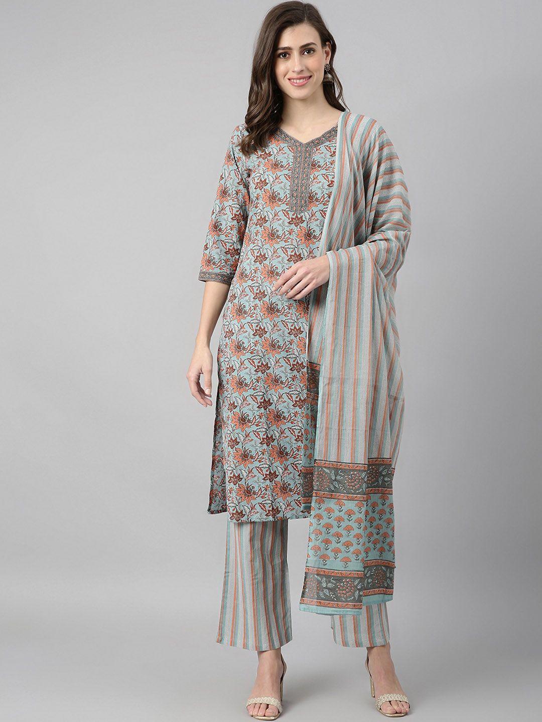 azira women blue & brown ethnic motifs printed pure cotton kurta with trousers & dupatta