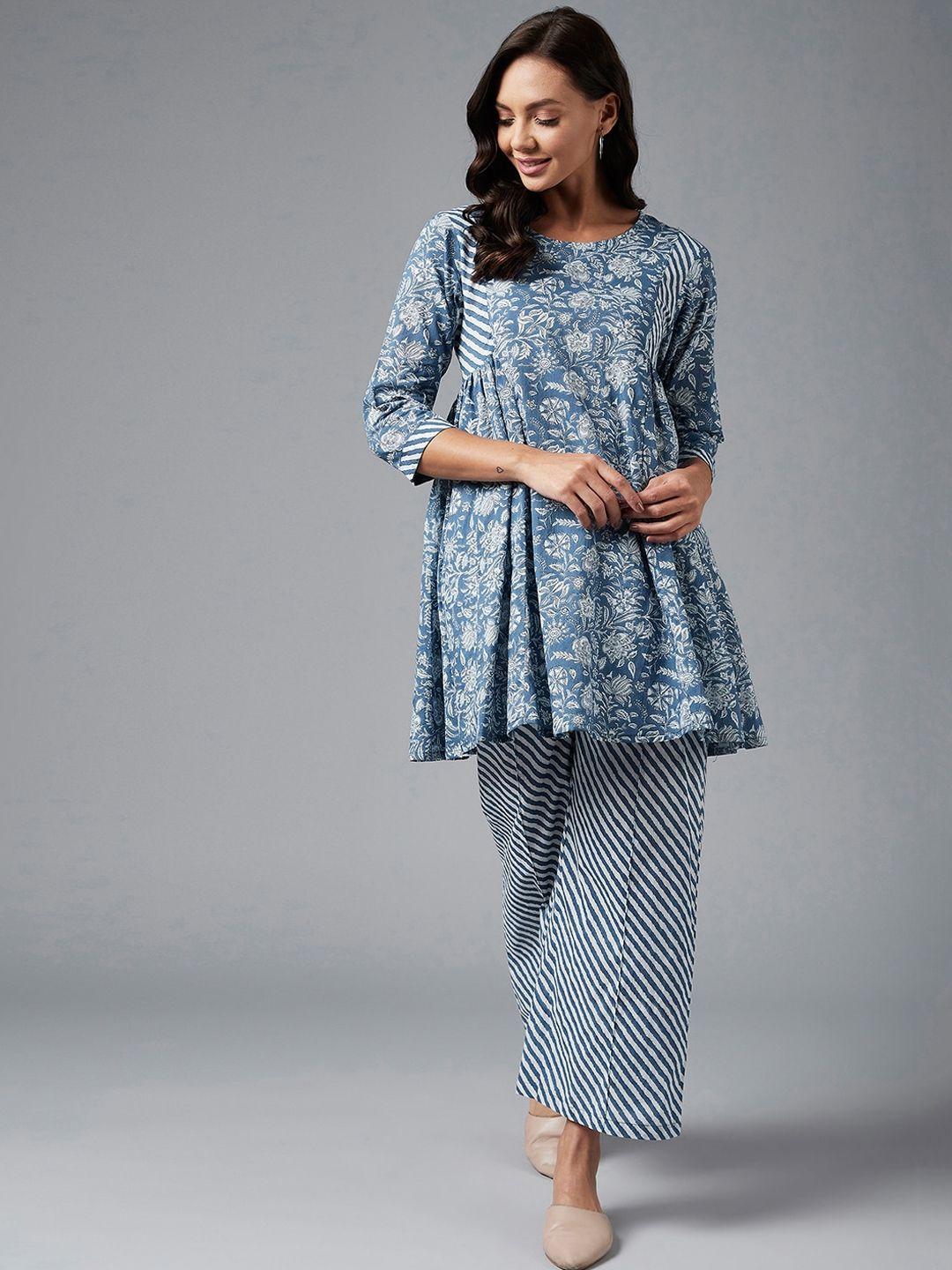 azira women blue ethnic motifs printed pleated pure cotton kurti with palazzos