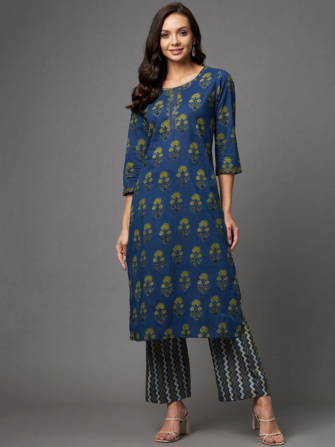 azira women blue floral printed panelled pure cotton kurti with trousers