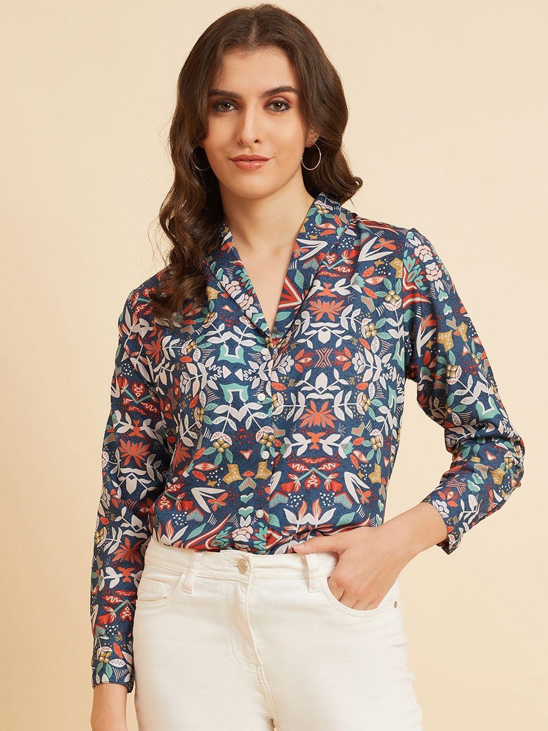 azira women blue opaque printed casual shirt