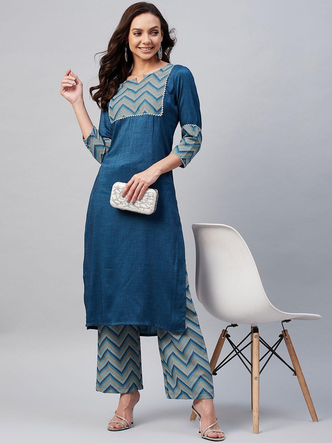 azira women blue yoke design panelled kurta with trousers