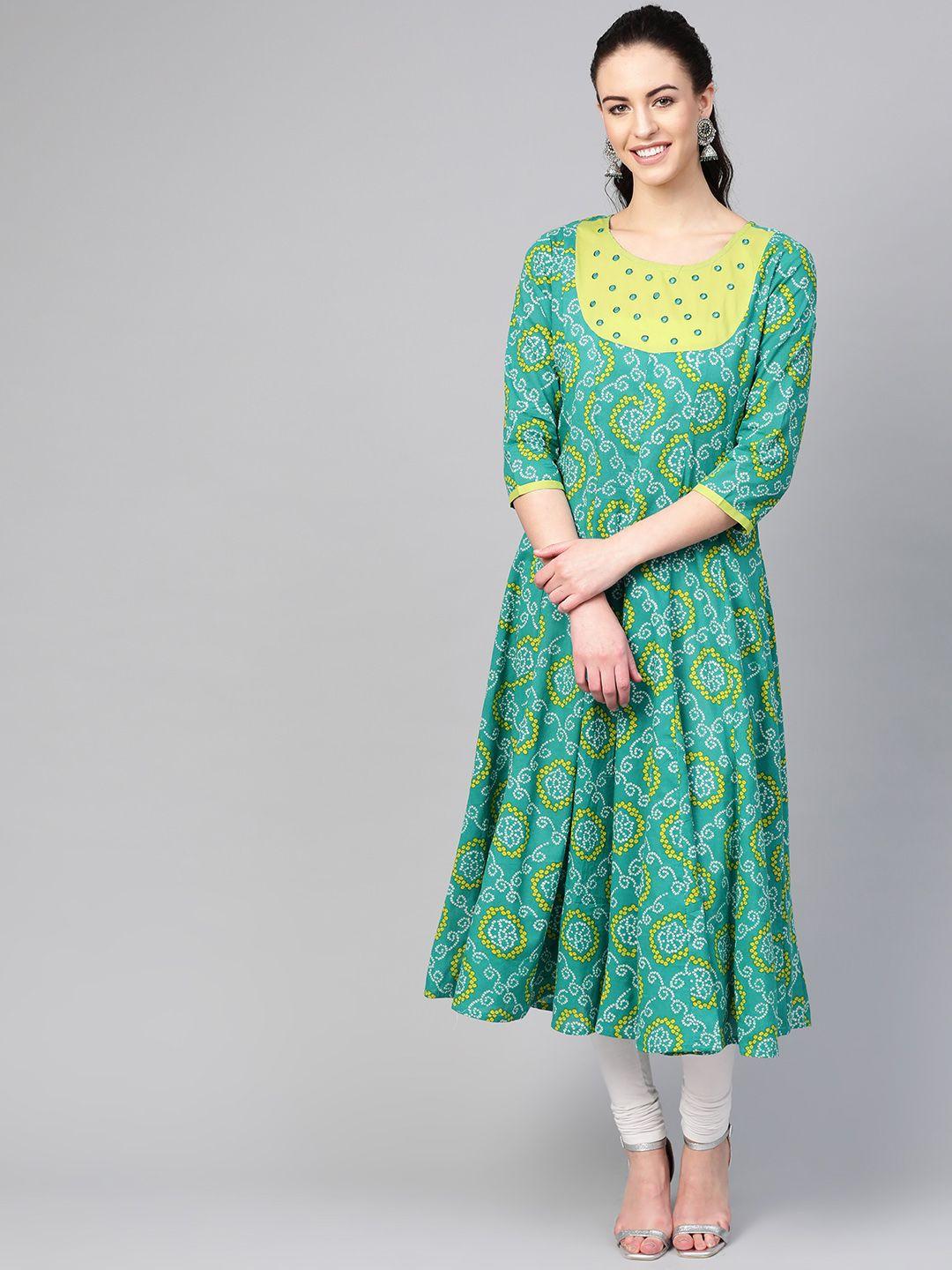 azira women green & white printed anarkali kurta