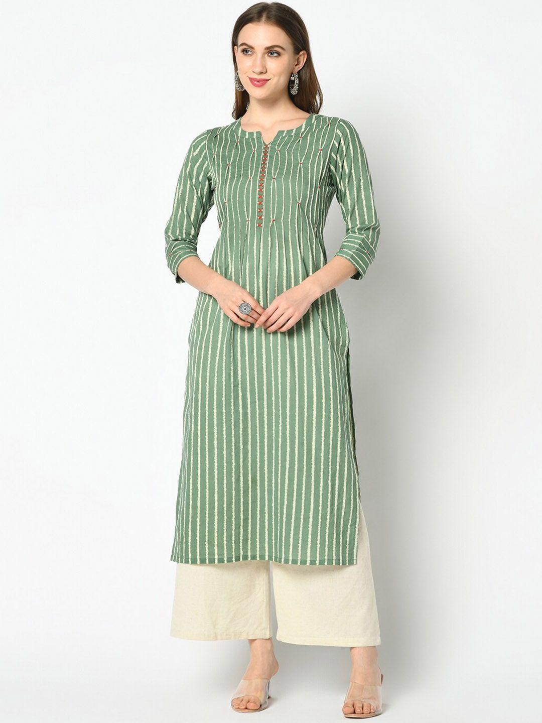 azira women green & white striped straight kurta