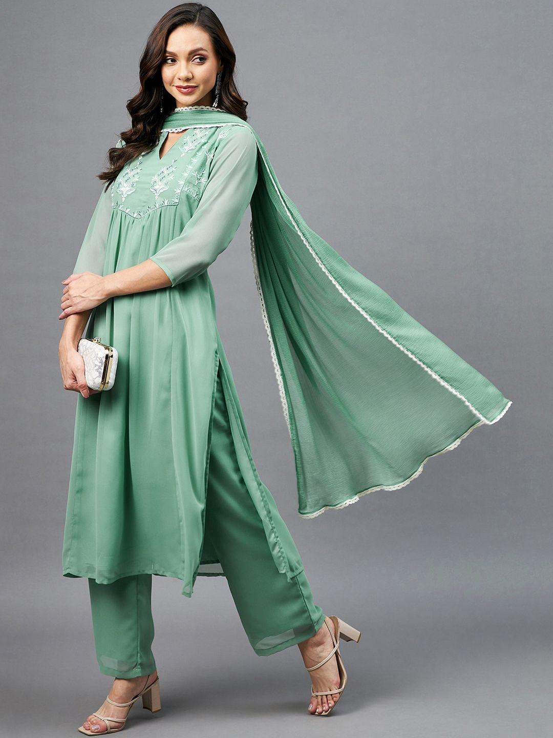 azira women green embroidered pleated kurti with trousers & with dupatta