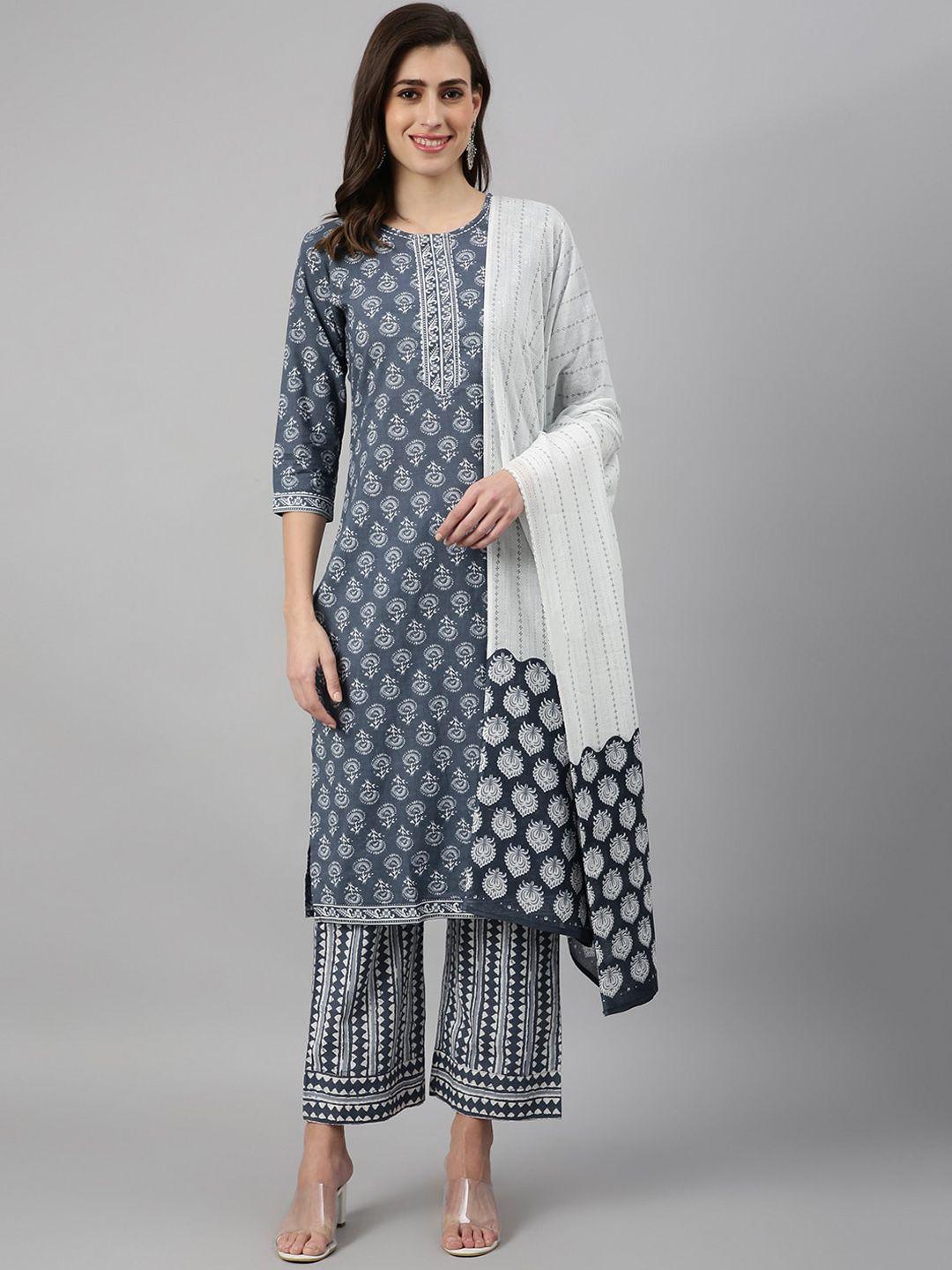 azira women grey ethnic motifs printed pure cotton kurta with palazzos & with dupatta