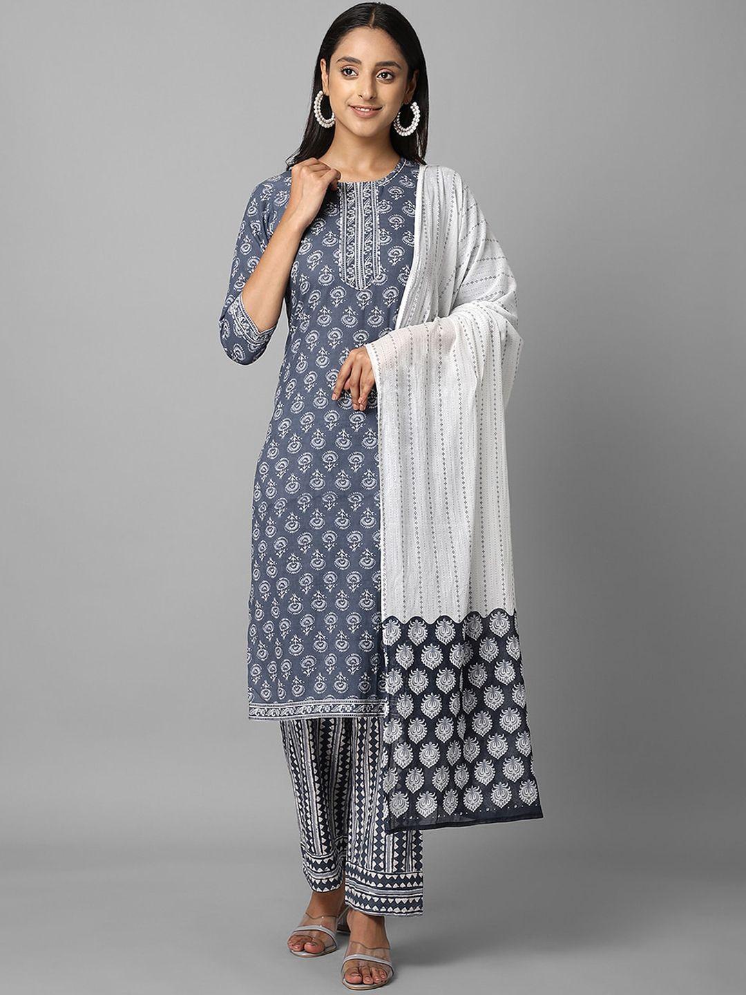 azira women grey ethnic motifs printed regular pure cotton kurta with trousers & with dupatta