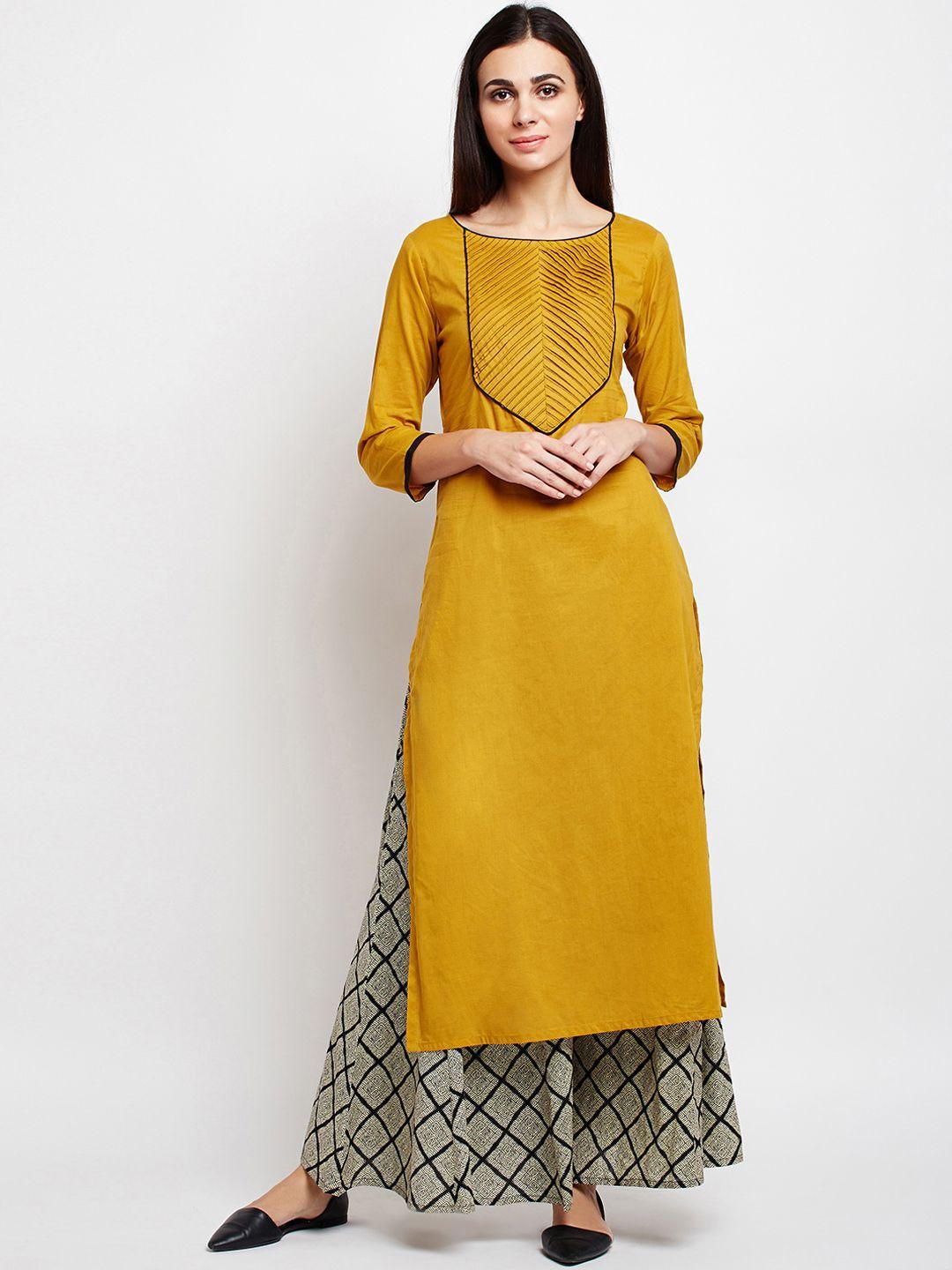 azira women mustard & black solid kurta with palazzos