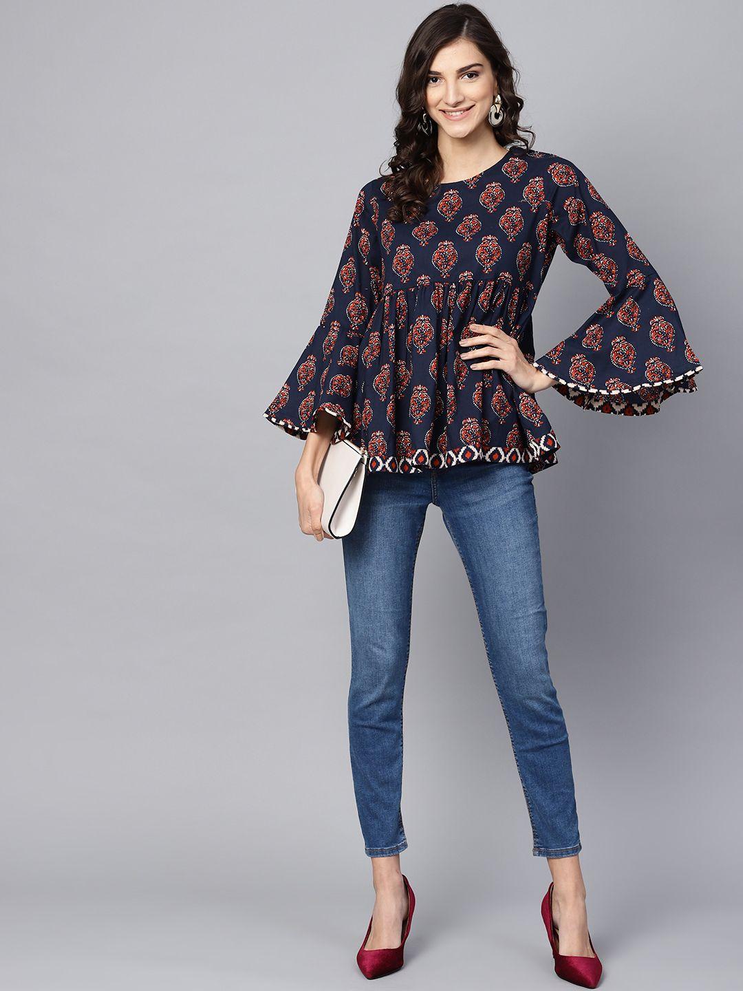 azira women navy blue & maroon printed empire pure cotton top