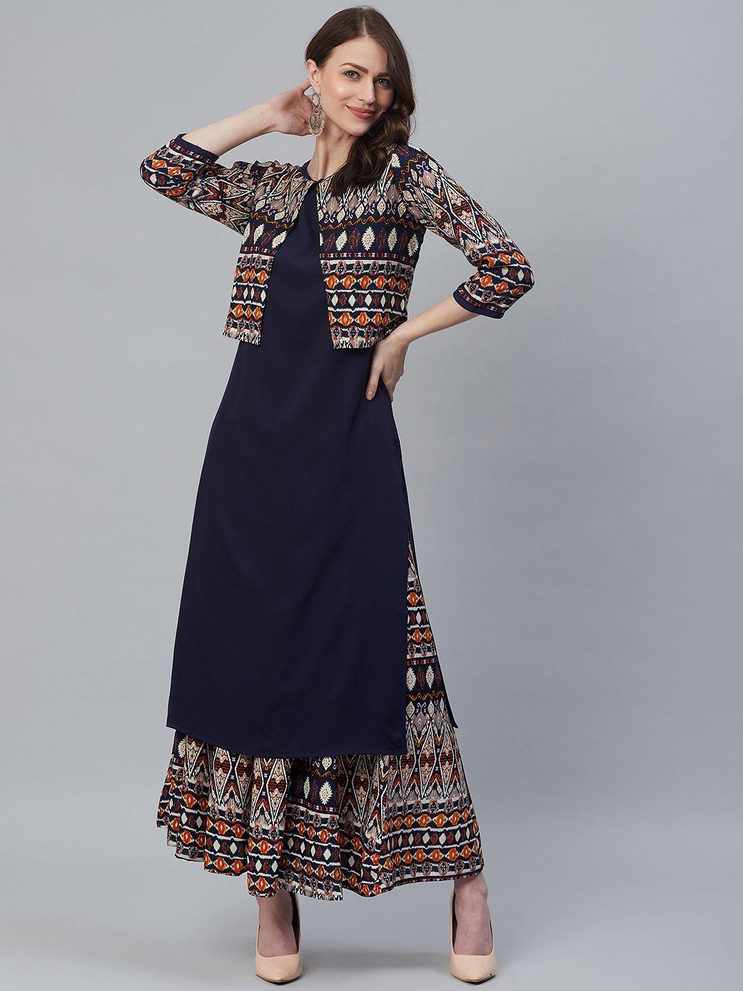 azira women navy blue & off-white solid kurta with palazzos & ethnic jacket