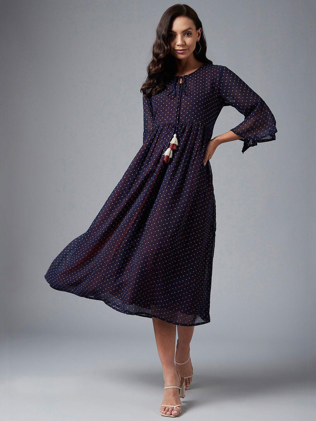 azira women navy blue & rust printed georgette midi dress