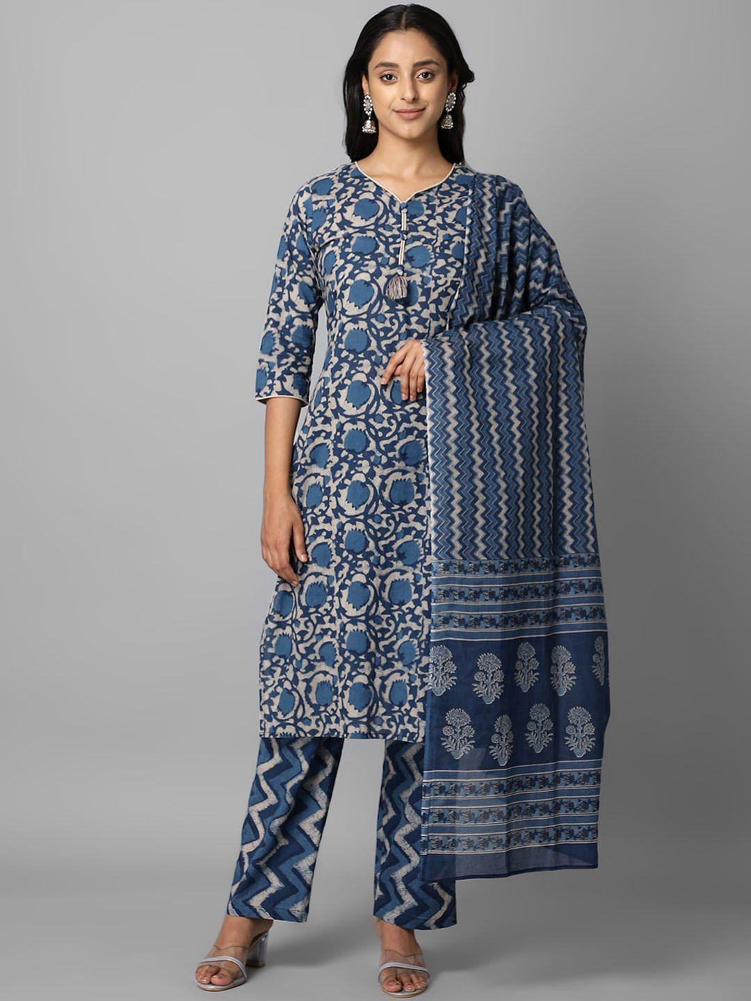 azira women navy blue ethnic motifs printed pure cotton kurta with trousers & dupatta