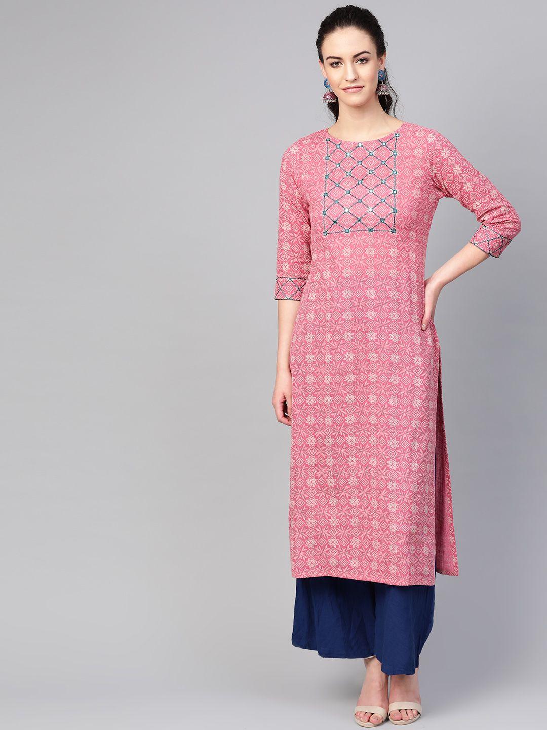 azira women pink & beige printed straight kurta