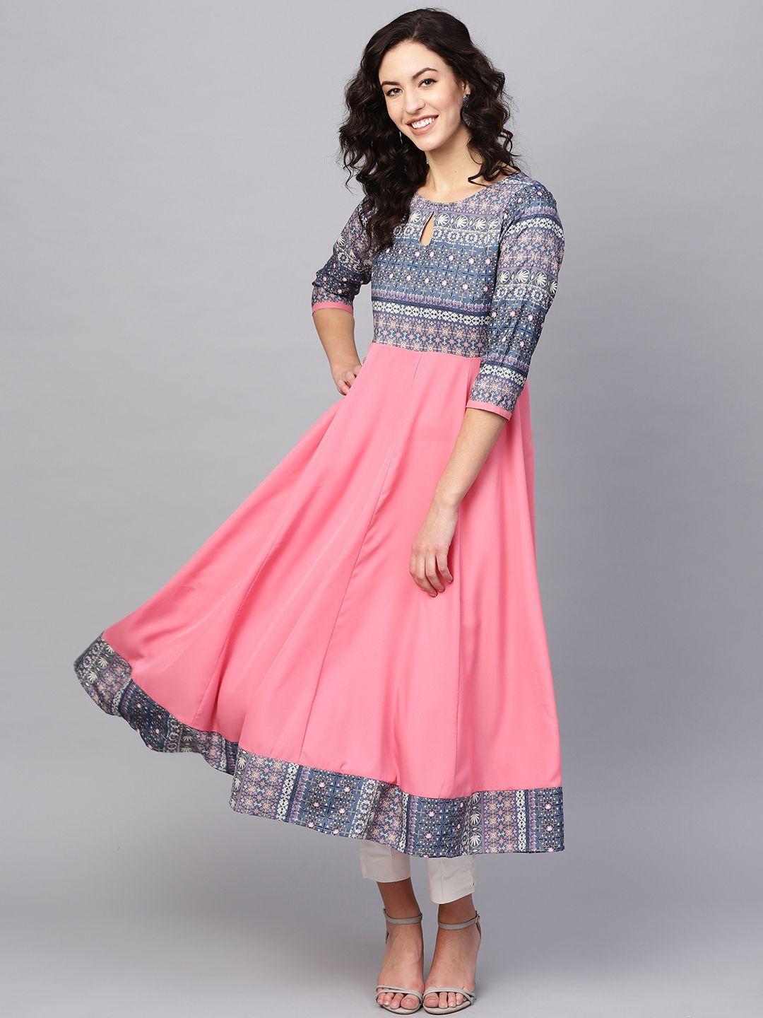 azira women pink & blue printed anarkali kurta